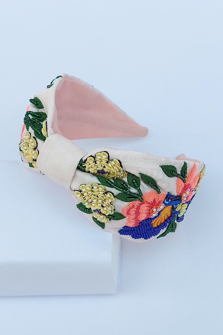 Off-White Banana Crepe 3D Embroidered Blooming Bird Hairband by Diya Aswani at Pernia's Pop Up Shop