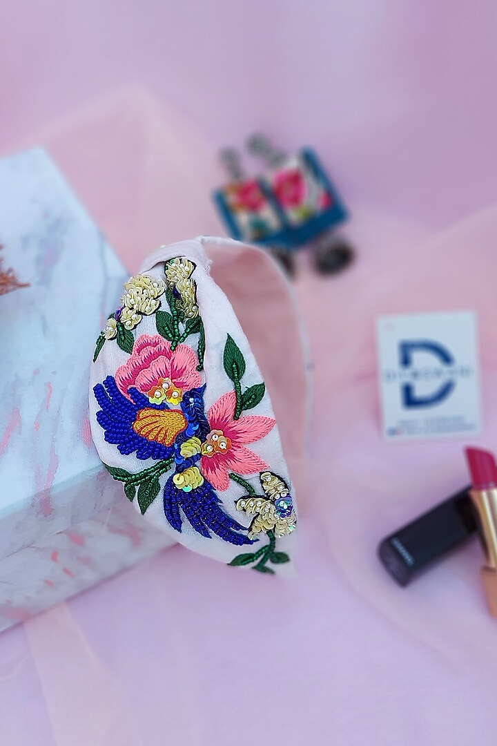 Off-White Banana Crepe 3D Embroidered Blooming Bird Hairband by Diya Aswani at Pernia's Pop Up Shop