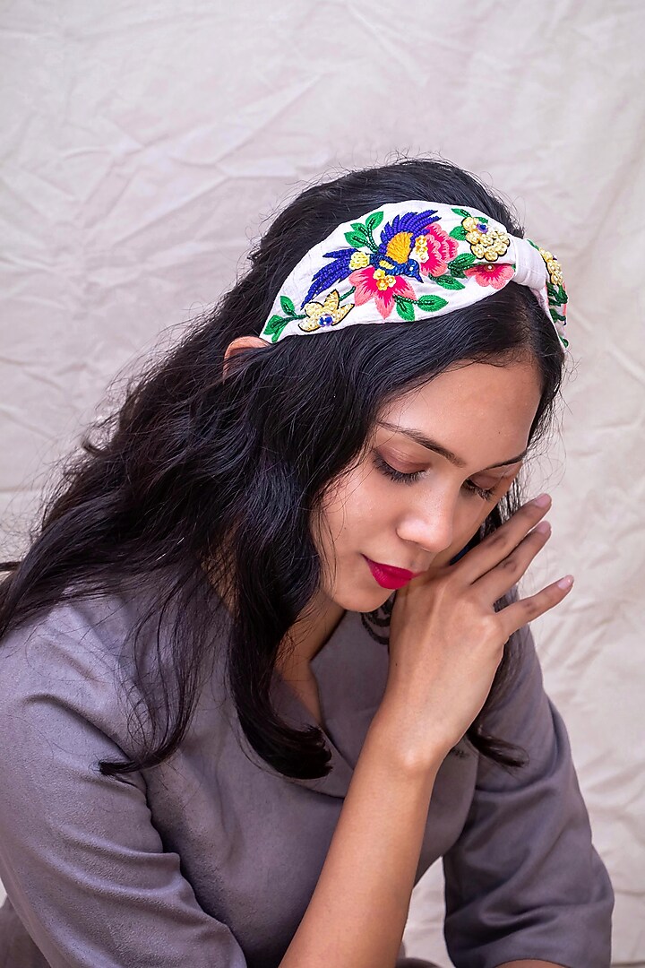 Off-White Banana Crepe 3D Embroidered Blooming Bird Hairband by Diya Aswani at Pernia's Pop Up Shop