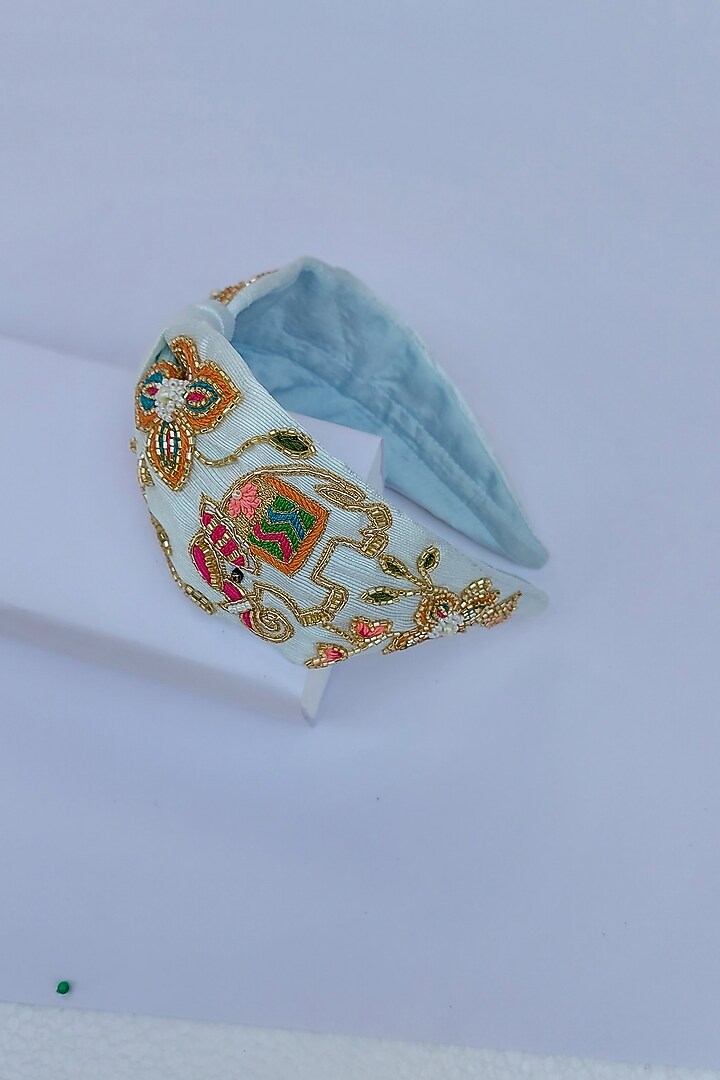 Light Blue Nysa Silk Sequins Embellished Tusky Tale Hairband by Diya Aswani at Pernia's Pop Up Shop
