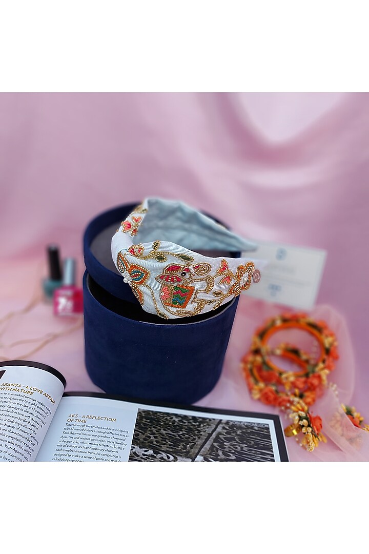 Light Blue Nysa Silk Sequins Embellished Tusky Tale Hairband by Diya Aswani at Pernia's Pop Up Shop
