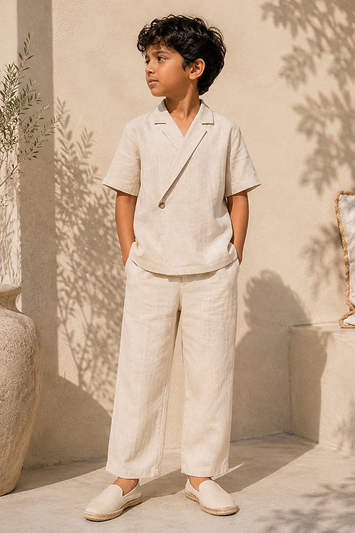 Beige Linen Co-Ord Set For Boys by DIERMEISS BY THE DRAGON LADY KIDS at Pernia's Pop Up Shop