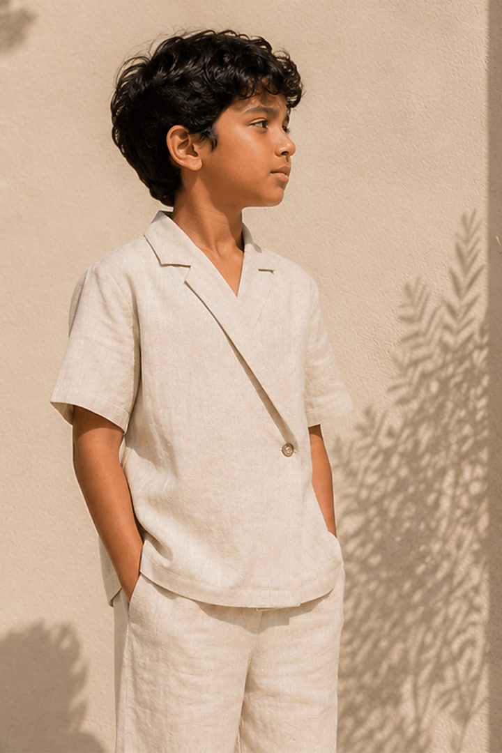 Beige Linen Co-Ord Set For Boys by DIERMEISS BY THE DRAGON LADY KIDS at Pernia's Pop Up Shop