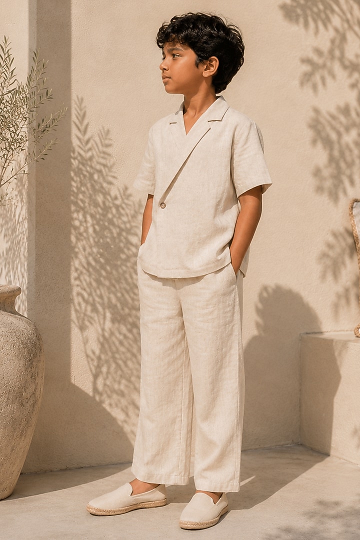 Beige Linen Co-Ord Set For Boys by DIERMEISS BY THE DRAGON LADY KIDS at Pernia's Pop Up Shop