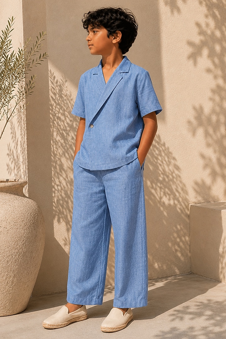 Sky Blue Linen Co-Ord Set For Boys by DIERMEISS BY THE DRAGON LADY KIDS at Pernia's Pop Up Shop