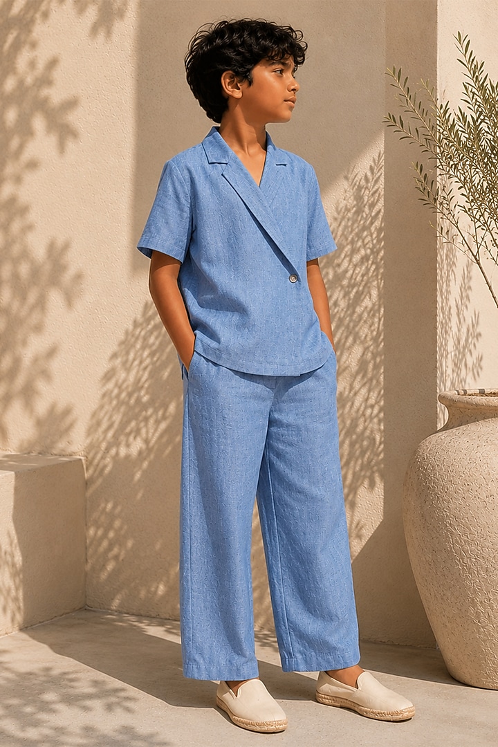 Sky Blue Linen Co-Ord Set For Boys by DIERMEISS BY THE DRAGON LADY KIDS at Pernia's Pop Up Shop