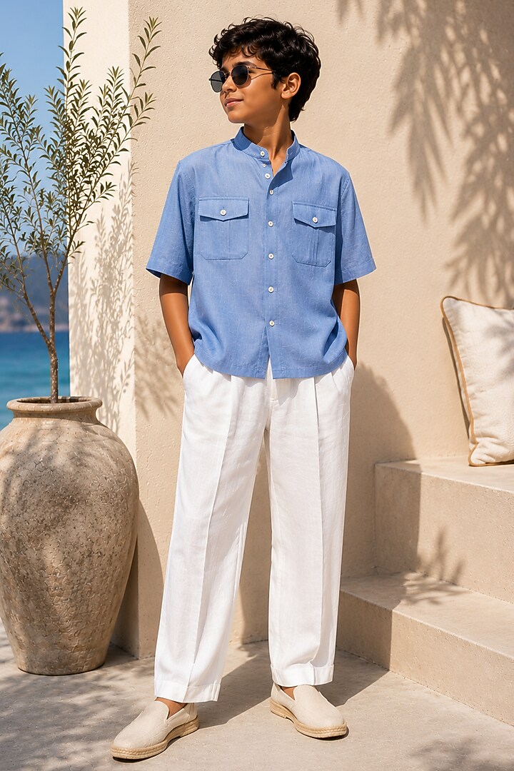 White Linen Pant Set For Boys by DIERMEISS BY THE DRAGON LADY KIDS at Pernia's Pop Up Shop