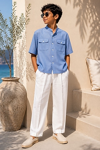 White Linen Pant Set For Boys by DIERMEISS BY THE DRAGON LADY KIDS