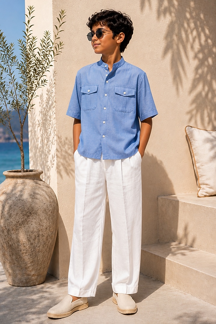 White Linen Pant Set For Boys by DIERMEISS BY THE DRAGON LADY KIDS at Pernia's Pop Up Shop