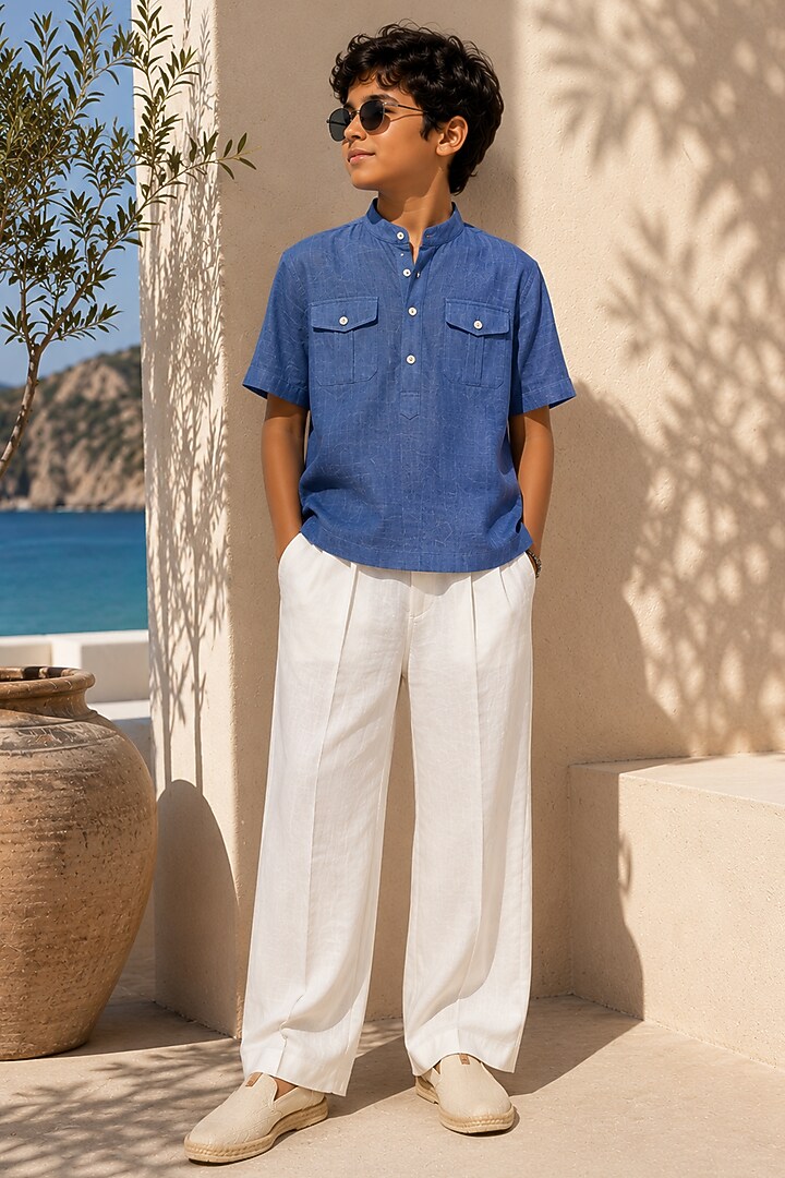White Linen Pant Set For Boys by DIERMEISS BY THE DRAGON LADY KIDS at Pernia's Pop Up Shop