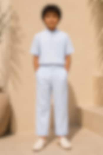 Powder Blue Linen Pintuck Co-Ord Set For Boys by DIERMEISS BY THE DRAGON LADY KIDS at Pernia's Pop Up Shop