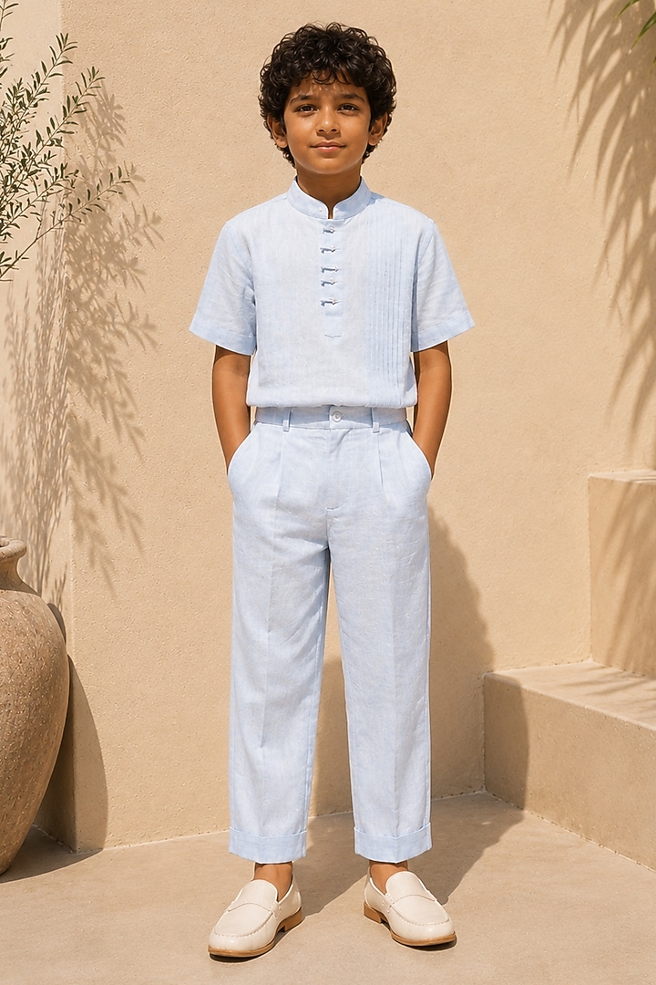 Powder Blue Linen Pintuck Co-Ord Set For Boys by DIERMEISS BY THE DRAGON LADY KIDS at Pernia's Pop Up Shop