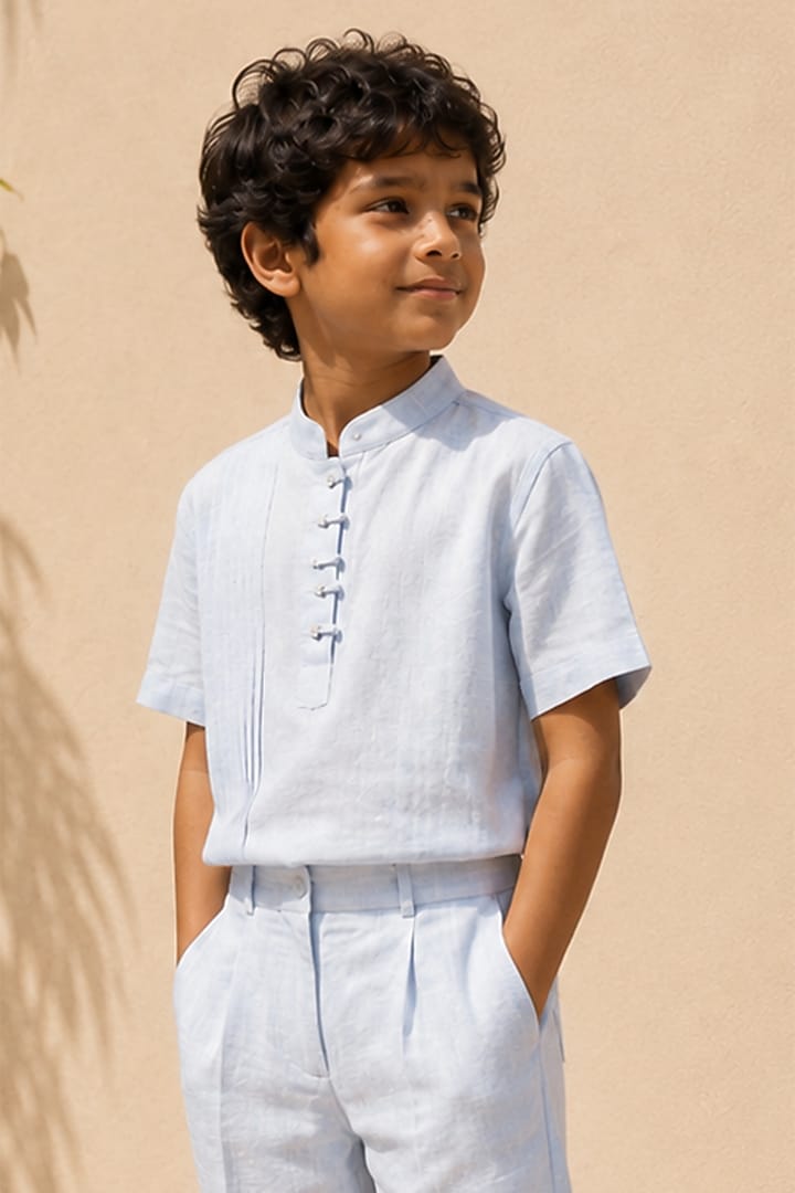 Powder Blue Linen Pintuck Co-Ord Set For Boys by DIERMEISS BY THE DRAGON LADY KIDS at Pernia's Pop Up Shop