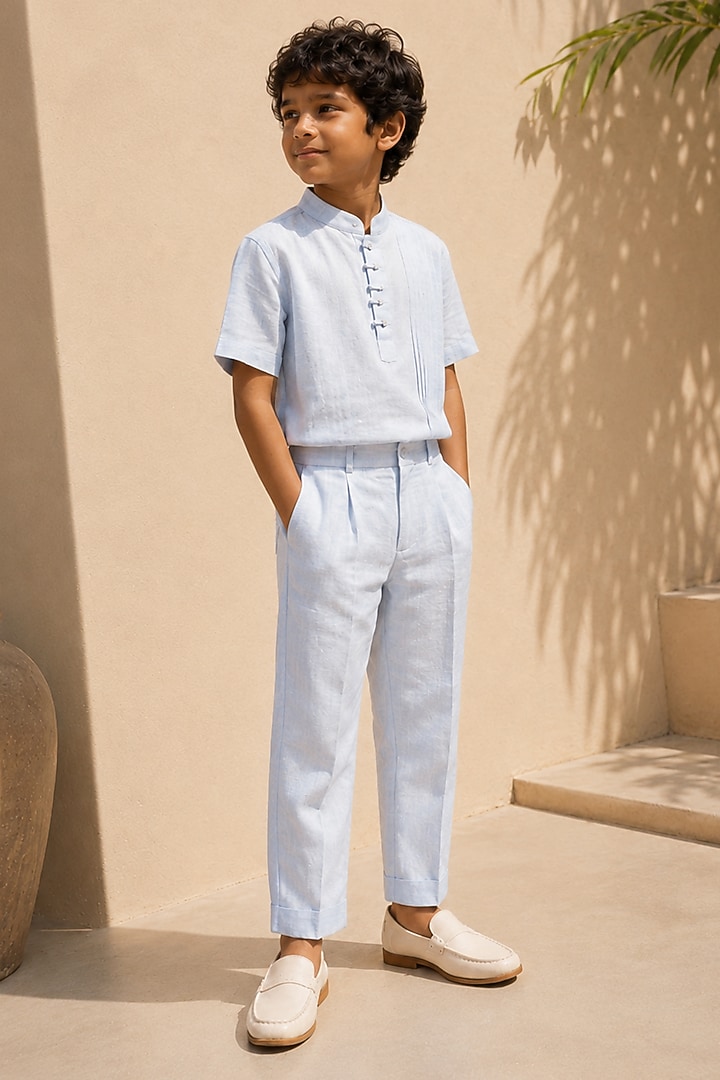 Powder Blue Linen Pintuck Co-Ord Set For Boys by DIERMEISS BY THE DRAGON LADY KIDS at Pernia's Pop Up Shop