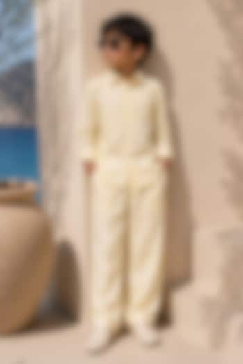 Butter Yellow Linen Pleated Co-Ord Set For Boys by DIERMEISS BY THE DRAGON LADY KIDS at Pernia's Pop Up Shop