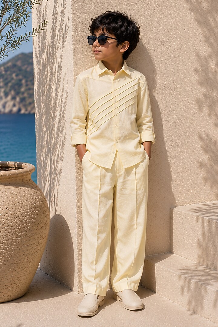 Butter Yellow Linen Pleated Co-Ord Set For Boys by DIERMEISS BY THE DRAGON LADY KIDS at Pernia's Pop Up Shop