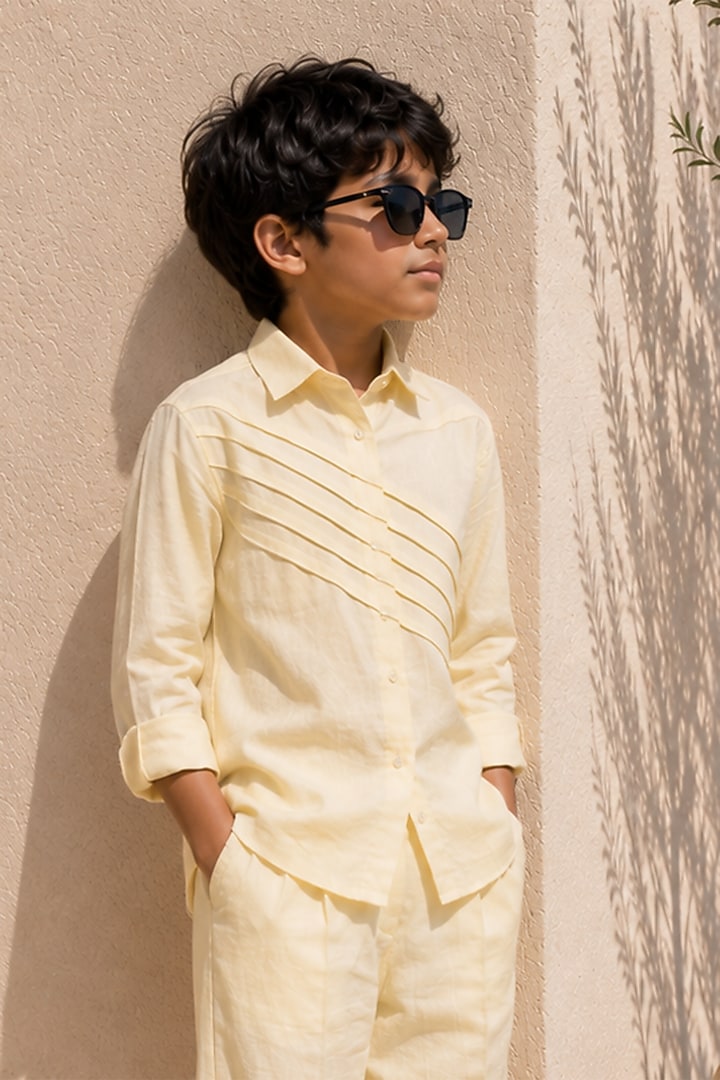 Butter Yellow Linen Pleated Co-Ord Set For Boys by DIERMEISS BY THE DRAGON LADY KIDS at Pernia's Pop Up Shop