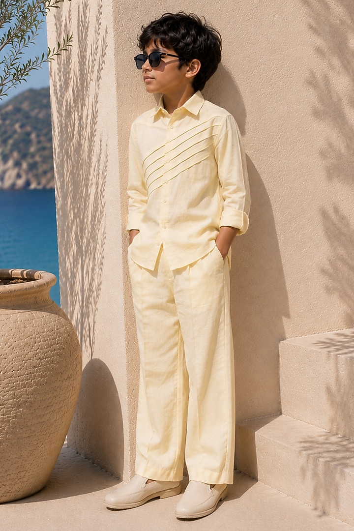 Butter Yellow Linen Pleated Co-Ord Set For Boys by DIERMEISS BY THE DRAGON LADY KIDS at Pernia's Pop Up Shop