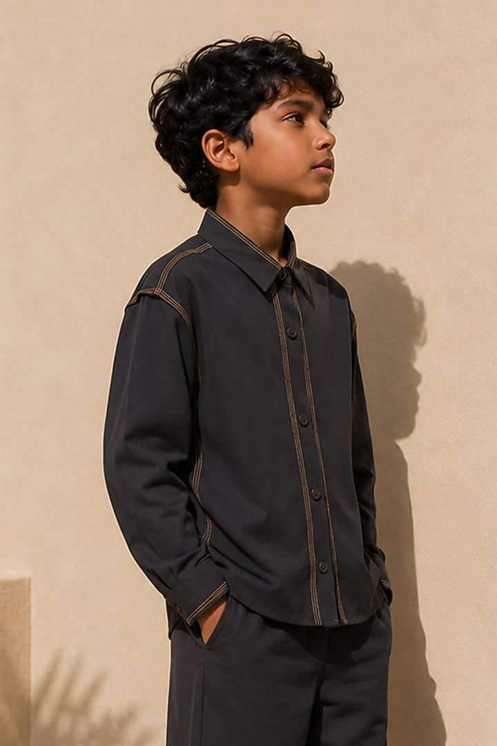 Charcoal Black Cotton Co-Ord Set For Boys by DIERMEISS BY THE DRAGON LADY KIDS at Pernia's Pop Up Shop
