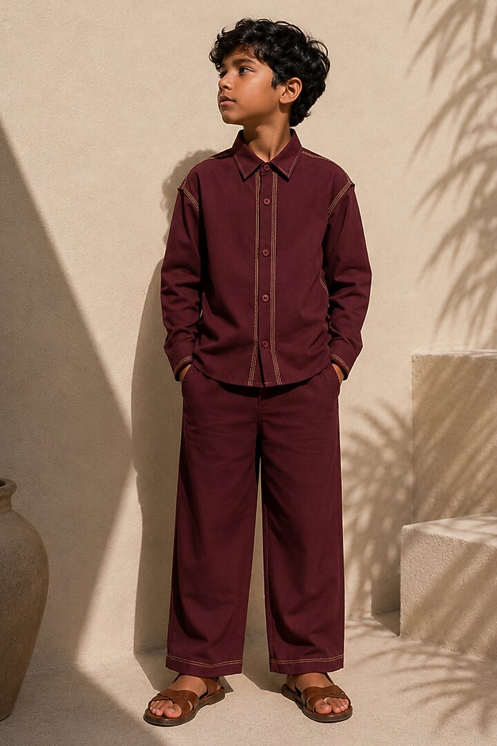 Deep Burgundy Cotton Co-Ord Set For Boys by DIERMEISS BY THE DRAGON LADY KIDS at Pernia's Pop Up Shop