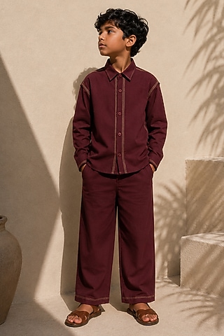 Deep Burgundy Cotton Co-Ord Set For Boys by DIERMEISS BY THE DRAGON LADY KIDS