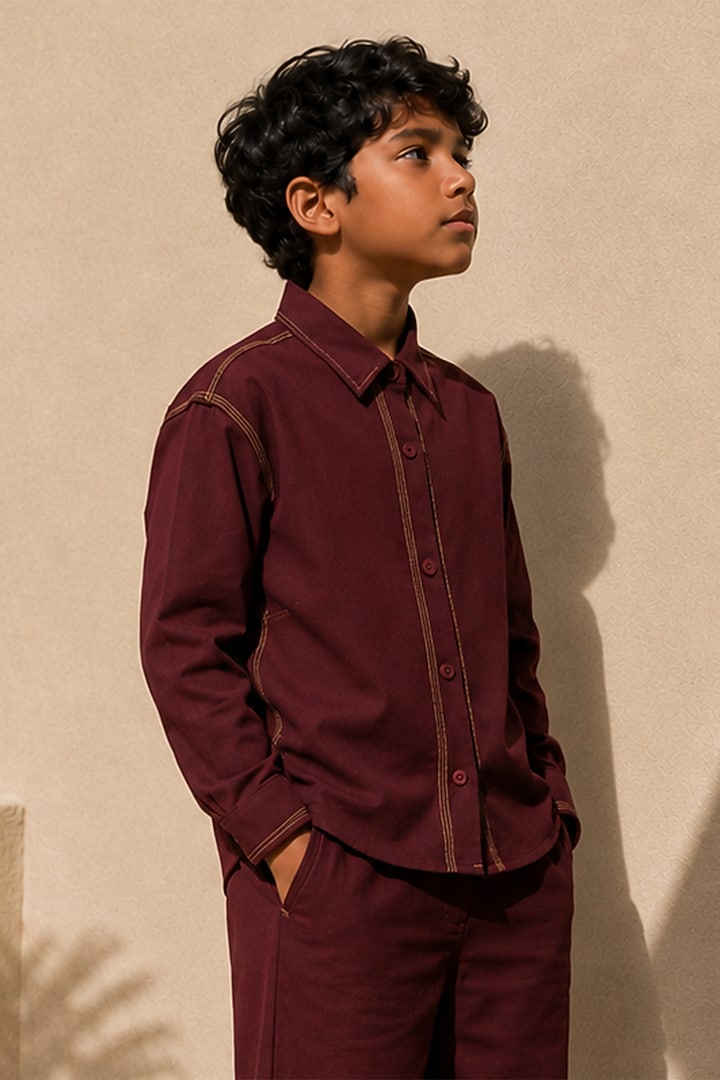 Deep Burgundy Cotton Co-Ord Set For Boys by DIERMEISS BY THE DRAGON LADY KIDS at Pernia's Pop Up Shop