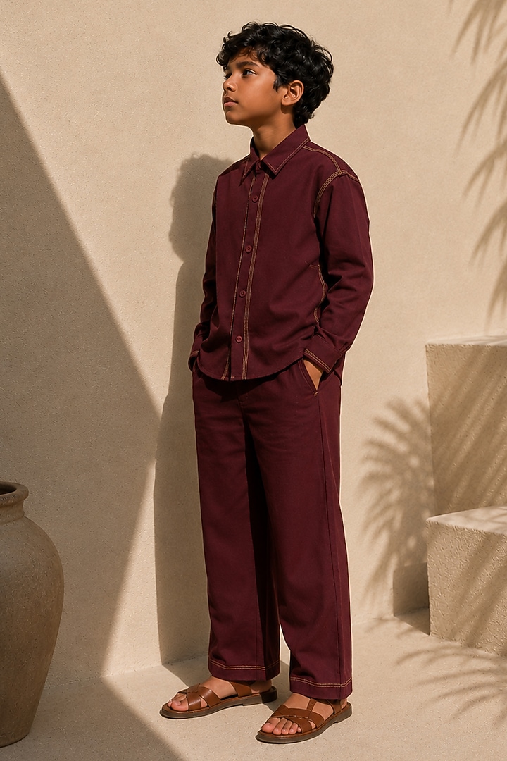 Deep Burgundy Cotton Co-Ord Set For Boys by DIERMEISS BY THE DRAGON LADY KIDS at Pernia's Pop Up Shop