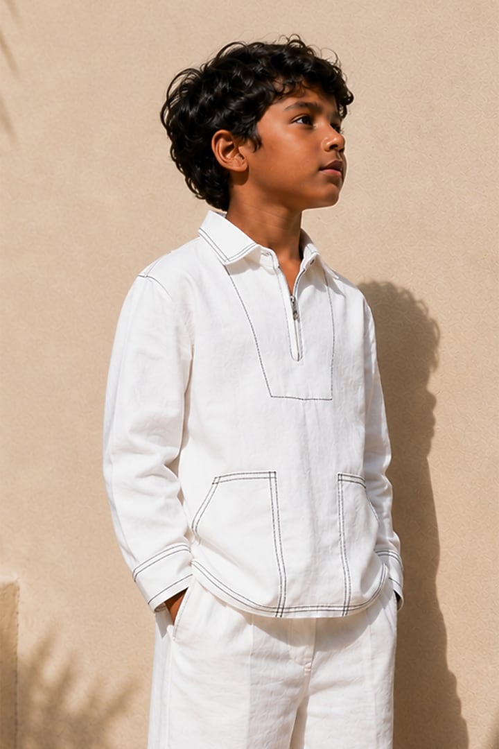 Off-White Cotton Co-Ord Set For Boys by DIERMEISS BY THE DRAGON LADY KIDS at Pernia's Pop Up Shop