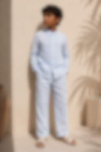 Powder Blue Linen Pintuck Co-Ord Set For Boys by DIERMEISS BY THE DRAGON LADY KIDS at Pernia's Pop Up Shop