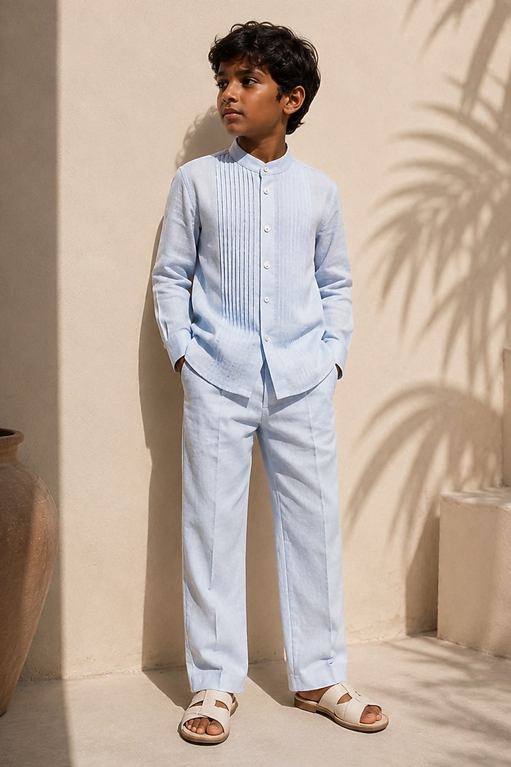 Powder Blue Linen Pintuck Co-Ord Set For Boys by DIERMEISS BY THE DRAGON LADY KIDS at Pernia's Pop Up Shop