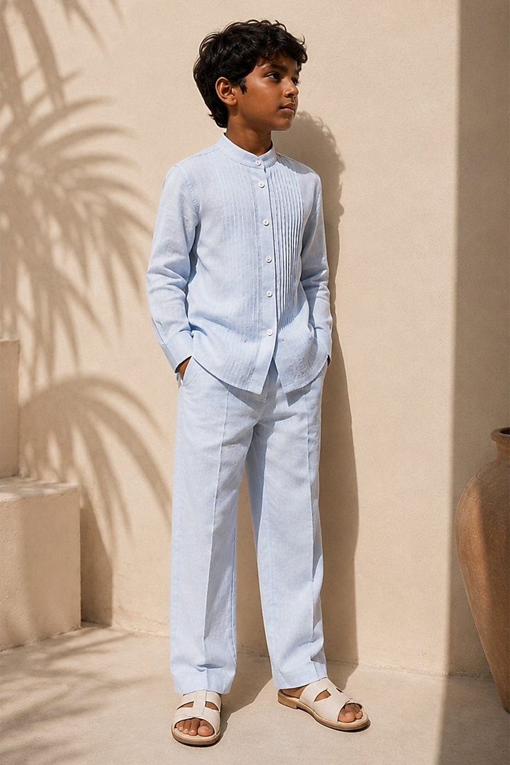 Powder Blue Linen Pintuck Co-Ord Set For Boys by DIERMEISS BY THE DRAGON LADY KIDS at Pernia's Pop Up Shop