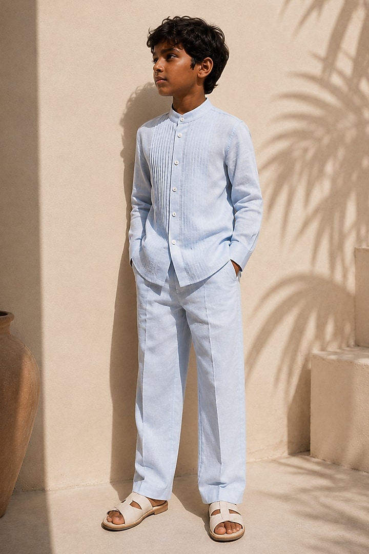 Powder Blue Linen Pintuck Co-Ord Set For Boys by DIERMEISS BY THE DRAGON LADY KIDS at Pernia's Pop Up Shop