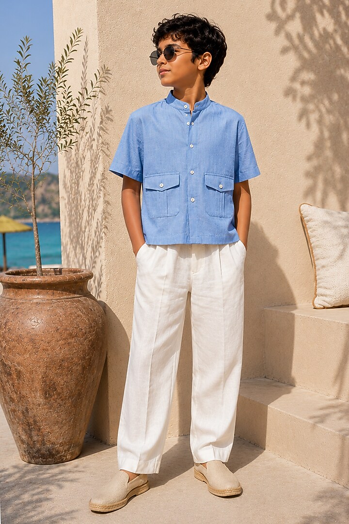 Ivory Linen Pant Set For Boys by DIERMEISS BY THE DRAGON LADY KIDS at Pernia's Pop Up Shop