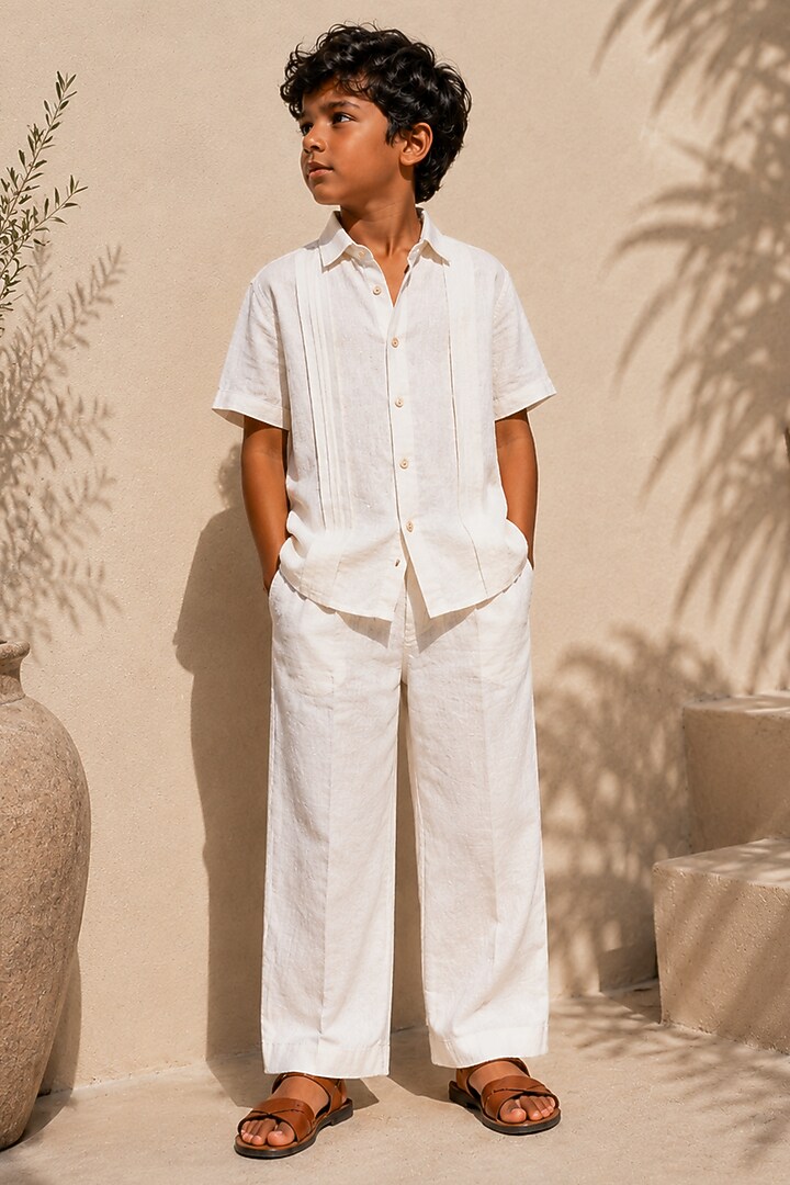 Ivory Linen Co-Ord Set For Boys by DIERMEISS BY THE DRAGON LADY KIDS at Pernia's Pop Up Shop