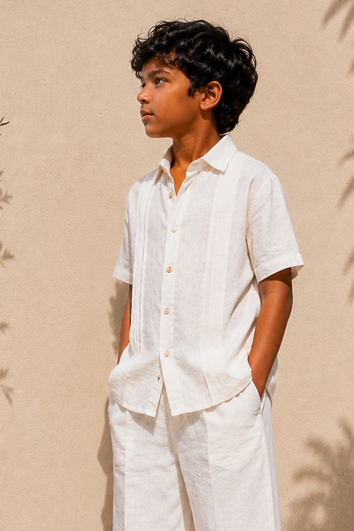 Ivory Linen Co-Ord Set For Boys by DIERMEISS BY THE DRAGON LADY KIDS at Pernia's Pop Up Shop