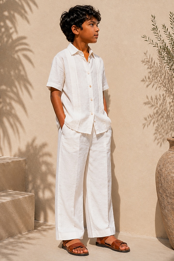 Ivory Linen Co-Ord Set For Boys by DIERMEISS BY THE DRAGON LADY KIDS at Pernia's Pop Up Shop