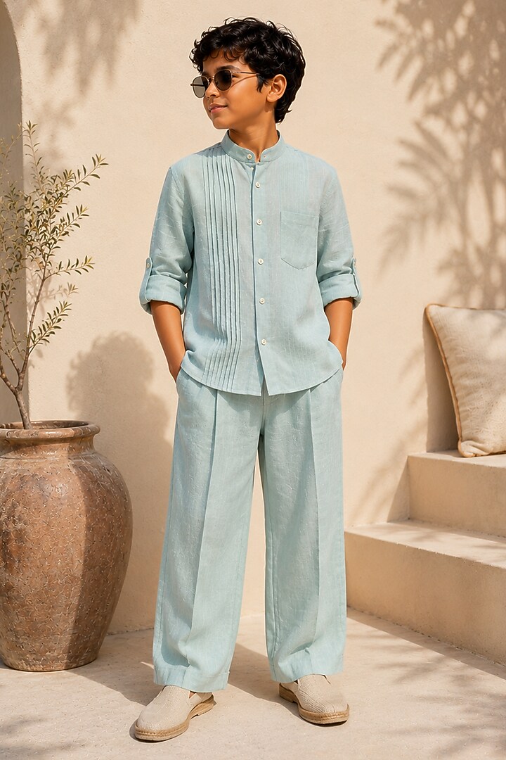 Seafoam Green Linen Co-Ord Set For Boys by DIERMEISS BY THE DRAGON LADY KIDS at Pernia's Pop Up Shop