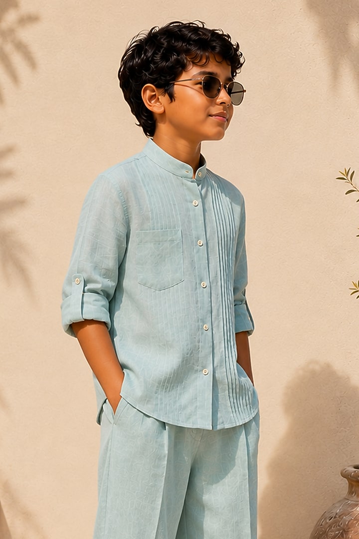 Seafoam Green Linen Co-Ord Set For Boys by DIERMEISS BY THE DRAGON LADY KIDS at Pernia's Pop Up Shop
