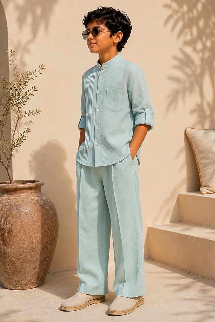 Seafoam Green Linen Co-Ord Set For Boys by DIERMEISS BY THE DRAGON LADY KIDS at Pernia's Pop Up Shop