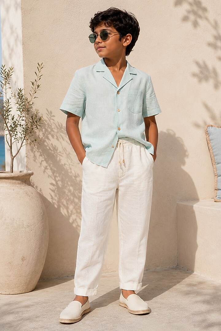 Ivory Linen Pant Set For Boys by DIERMEISS BY THE DRAGON LADY KIDS at Pernia's Pop Up Shop
