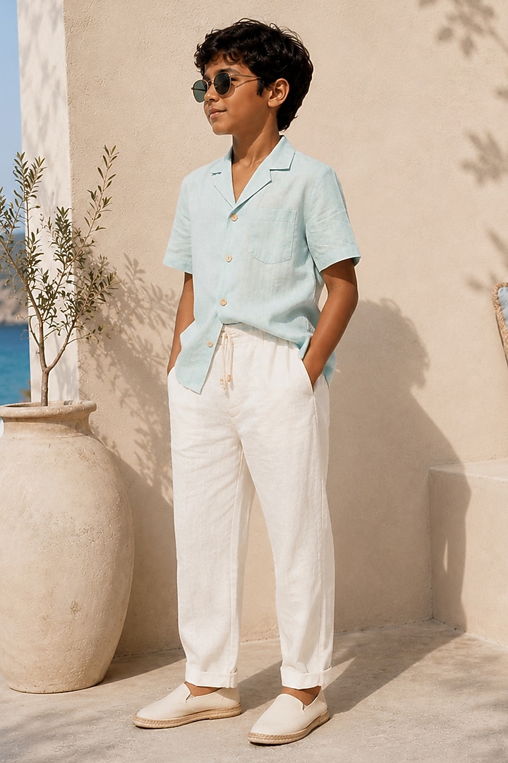 Ivory Linen Pant Set For Boys by DIERMEISS BY THE DRAGON LADY KIDS at Pernia's Pop Up Shop