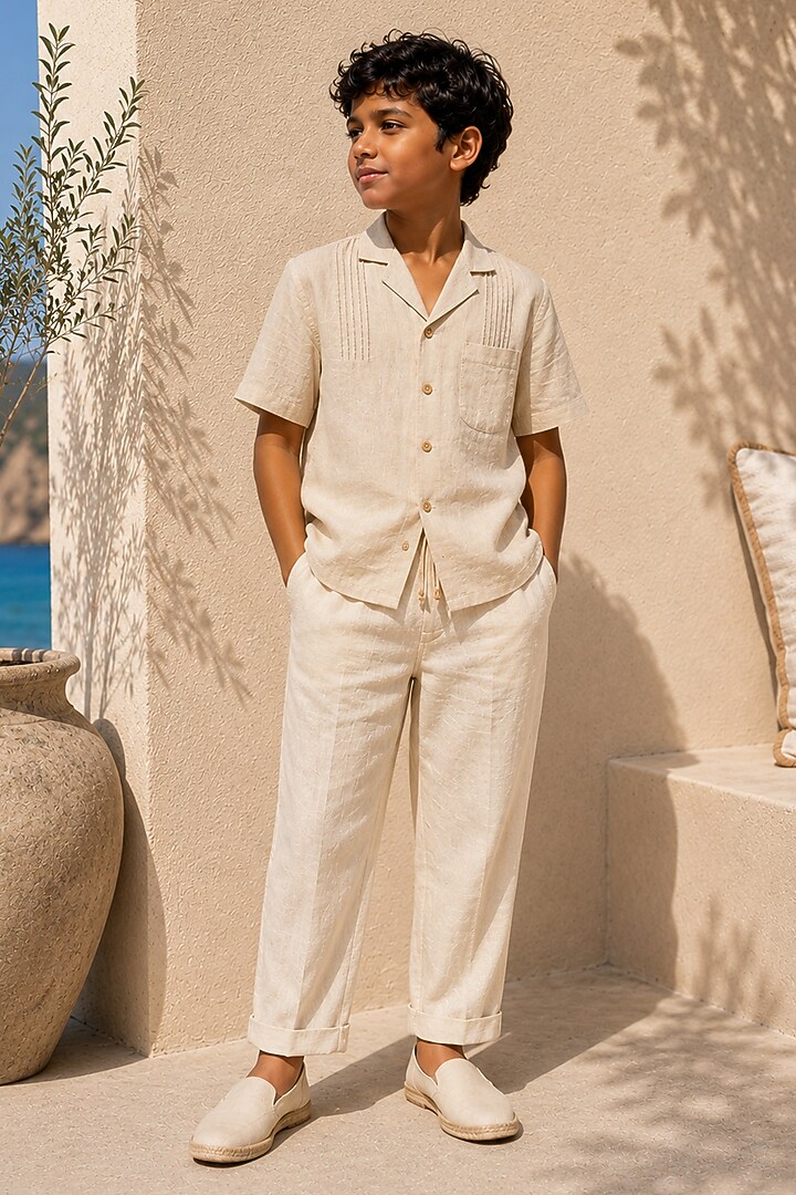 Beige Linen Co-Ord Set For Boys by DIERMEISS BY THE DRAGON LADY KIDS at Pernia's Pop Up Shop