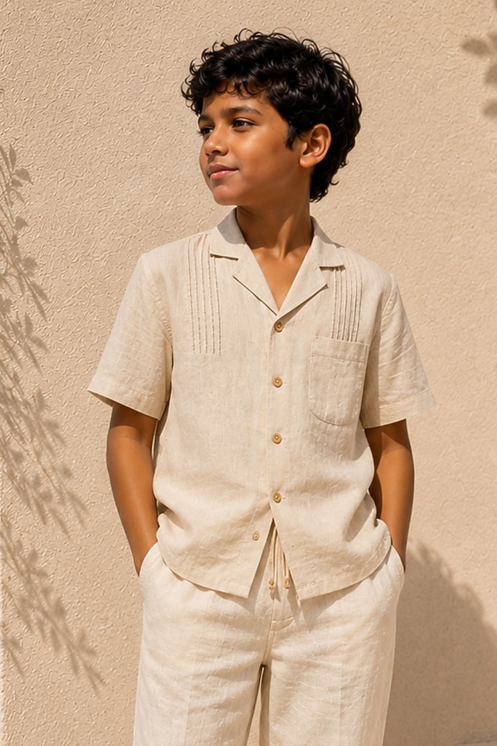 Beige Linen Co-Ord Set For Boys by DIERMEISS BY THE DRAGON LADY KIDS at Pernia's Pop Up Shop