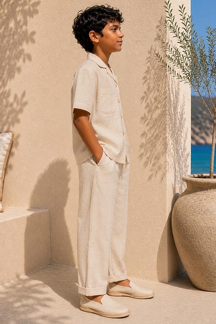 Beige Linen Co-Ord Set For Boys by DIERMEISS BY THE DRAGON LADY KIDS at Pernia's Pop Up Shop
