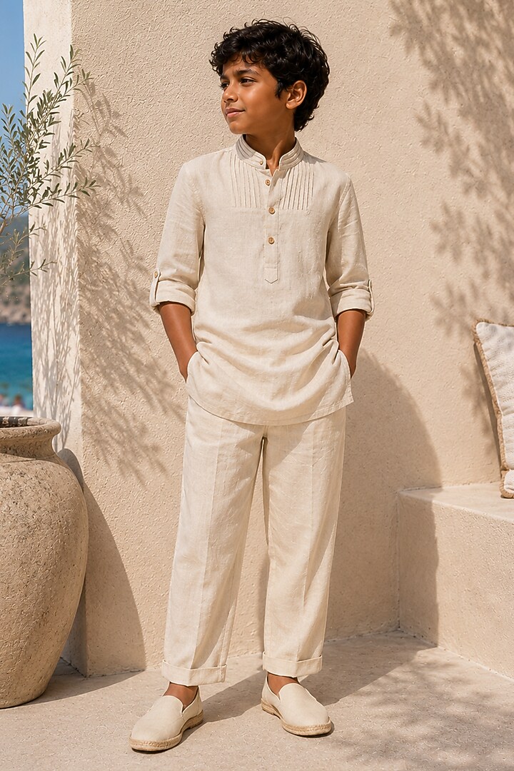 Oatmeal Beige Linen Kurta Set For Boys by DIERMEISS BY THE DRAGON LADY KIDS at Pernia's Pop Up Shop