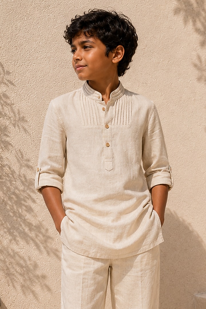 Oatmeal Beige Linen Kurta Set For Boys by DIERMEISS BY THE DRAGON LADY KIDS at Pernia's Pop Up Shop