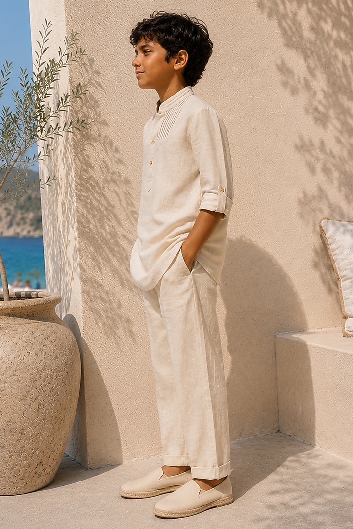 Oatmeal Beige Linen Kurta Set For Boys by DIERMEISS BY THE DRAGON LADY KIDS at Pernia's Pop Up Shop