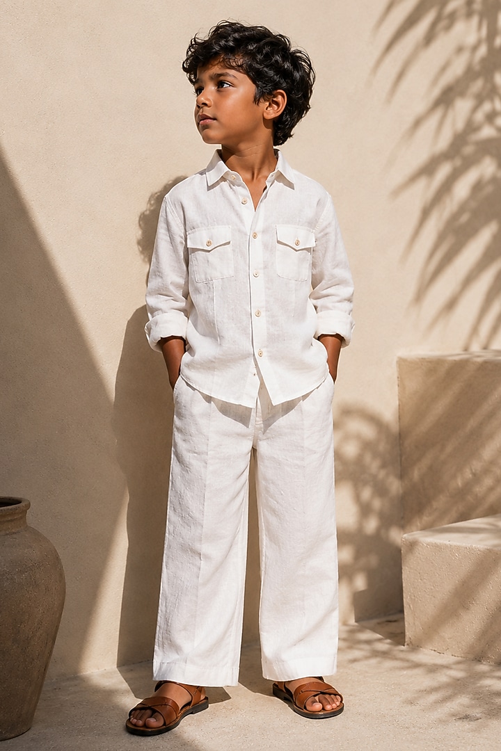 Ivory Linen Co-Ord Set For Boys by DIERMEISS BY THE DRAGON LADY KIDS at Pernia's Pop Up Shop