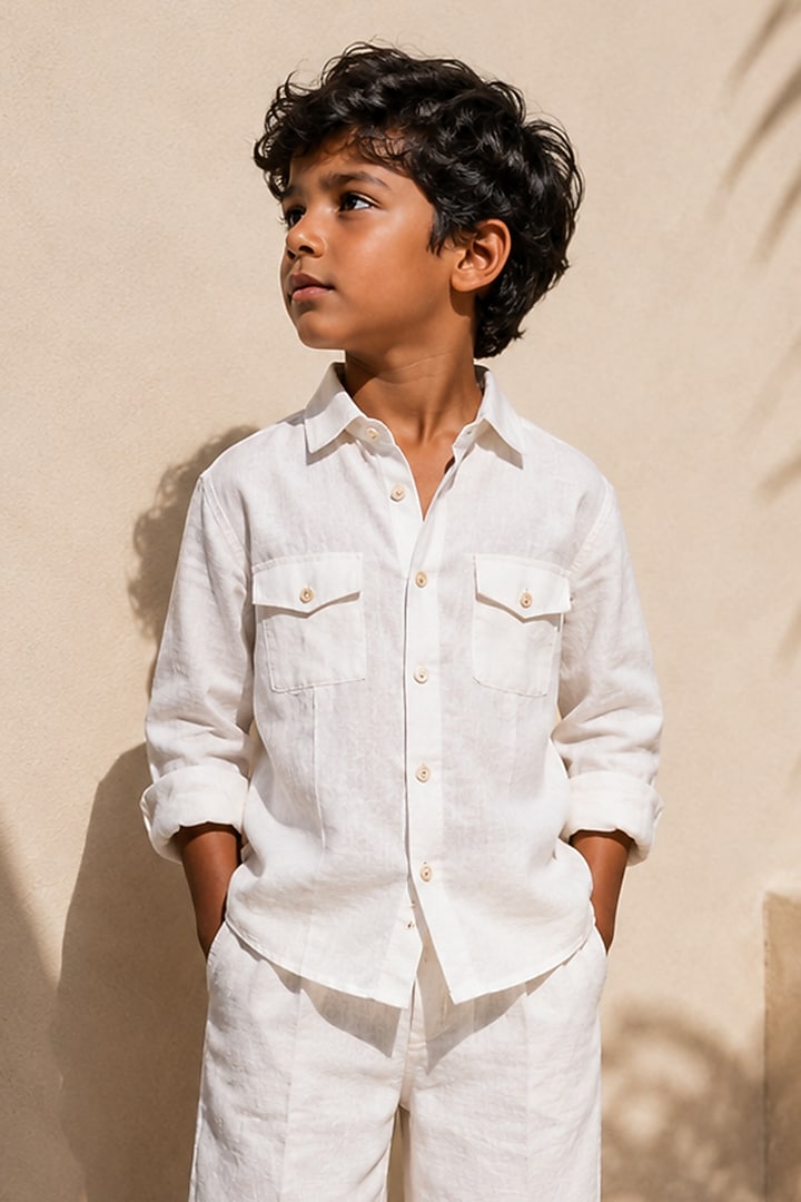 Ivory Linen Co-Ord Set For Boys by DIERMEISS BY THE DRAGON LADY KIDS at Pernia's Pop Up Shop
