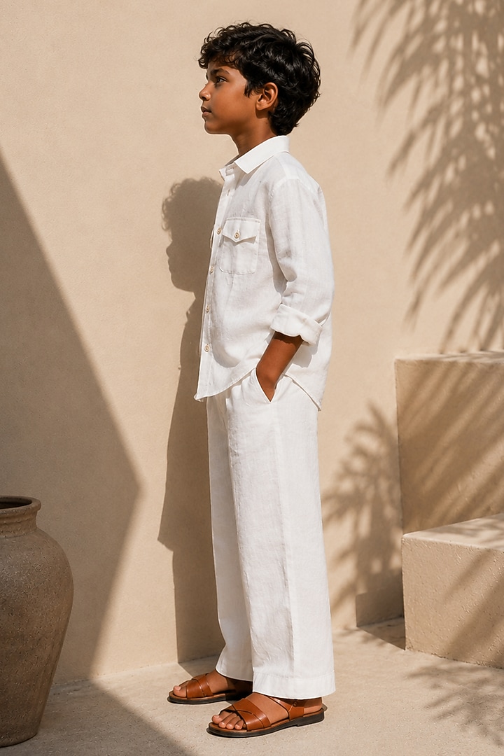 Ivory Linen Co-Ord Set For Boys by DIERMEISS BY THE DRAGON LADY KIDS at Pernia's Pop Up Shop